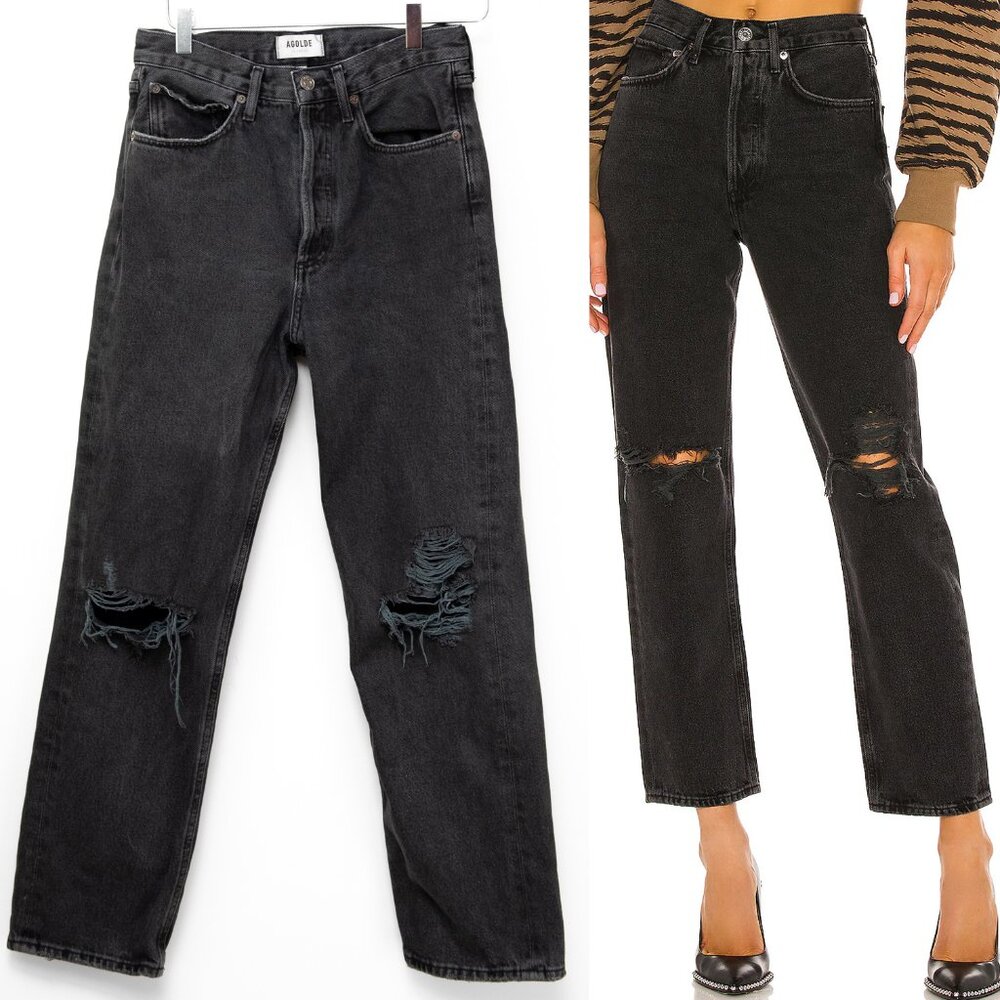 Agolde 90's Jeans Distressed Mid Rise Loose Button Fly Smokestack Black Size 26 - Picture 1 of 8